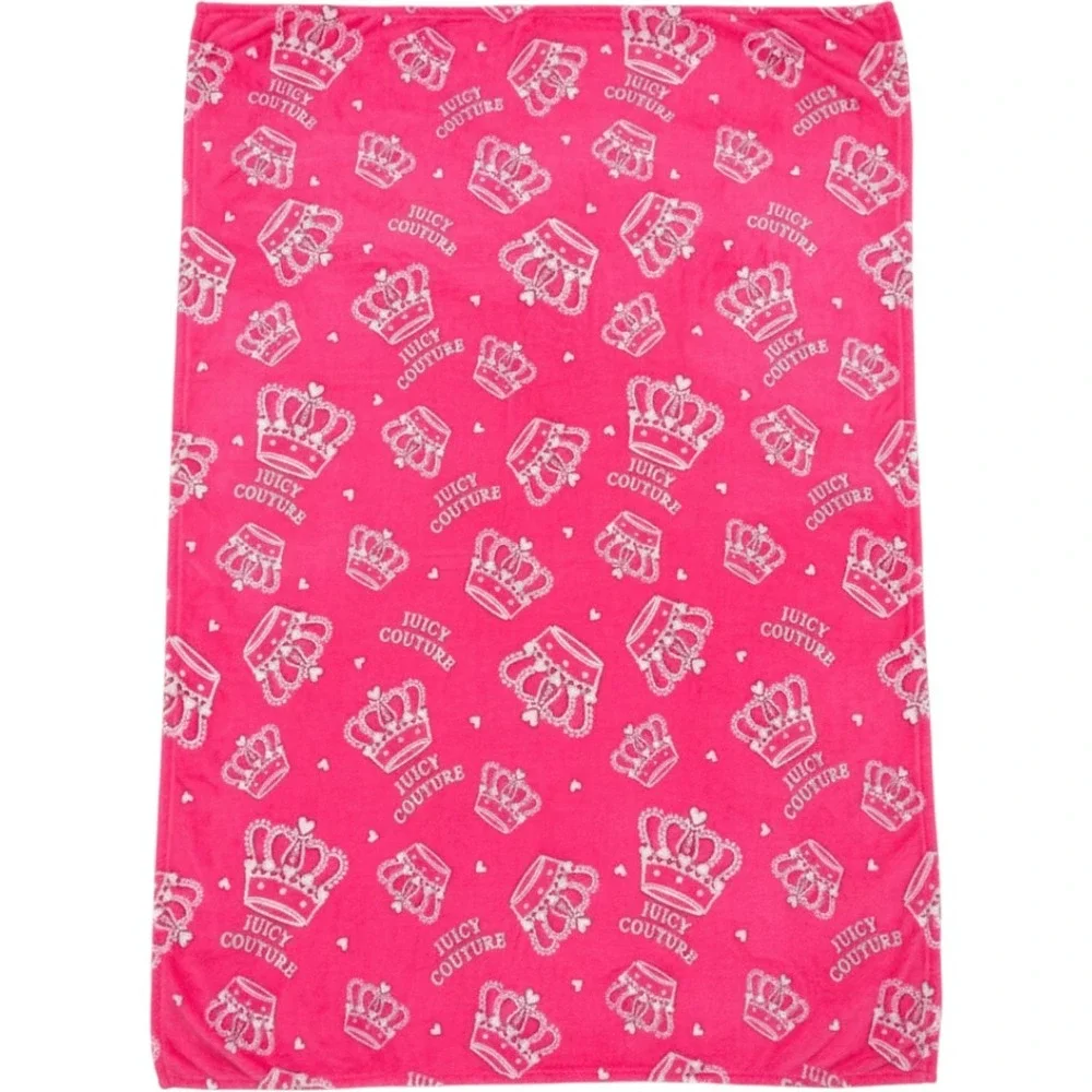 Juicy Couture Plush Fleece Throw Blanket Hot Pink Crown Logo Hearts Y2K McBling